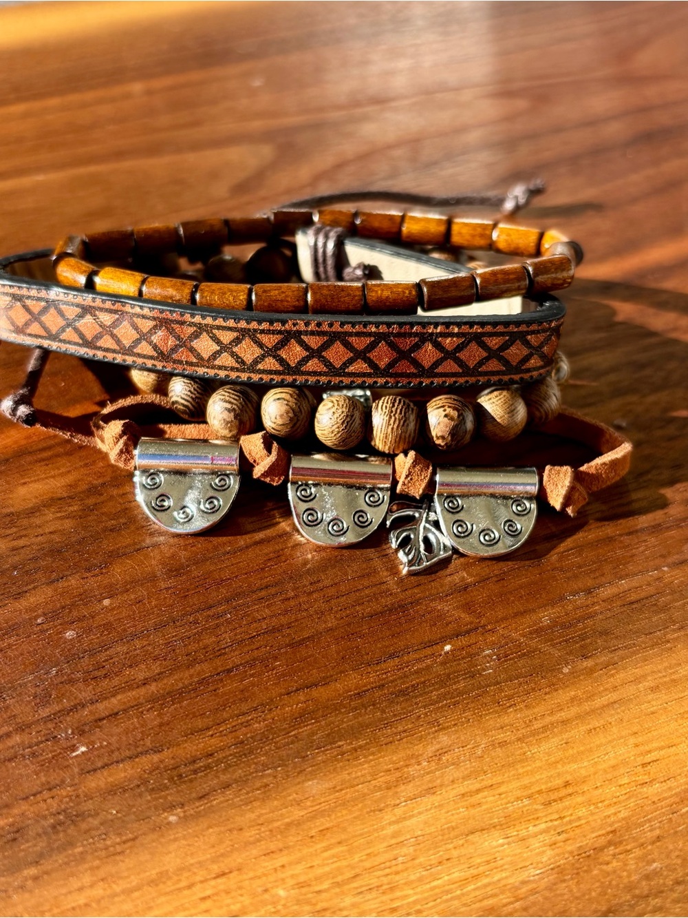 Mens Brown Multi-Layer Leather & Bead Bracelet Set